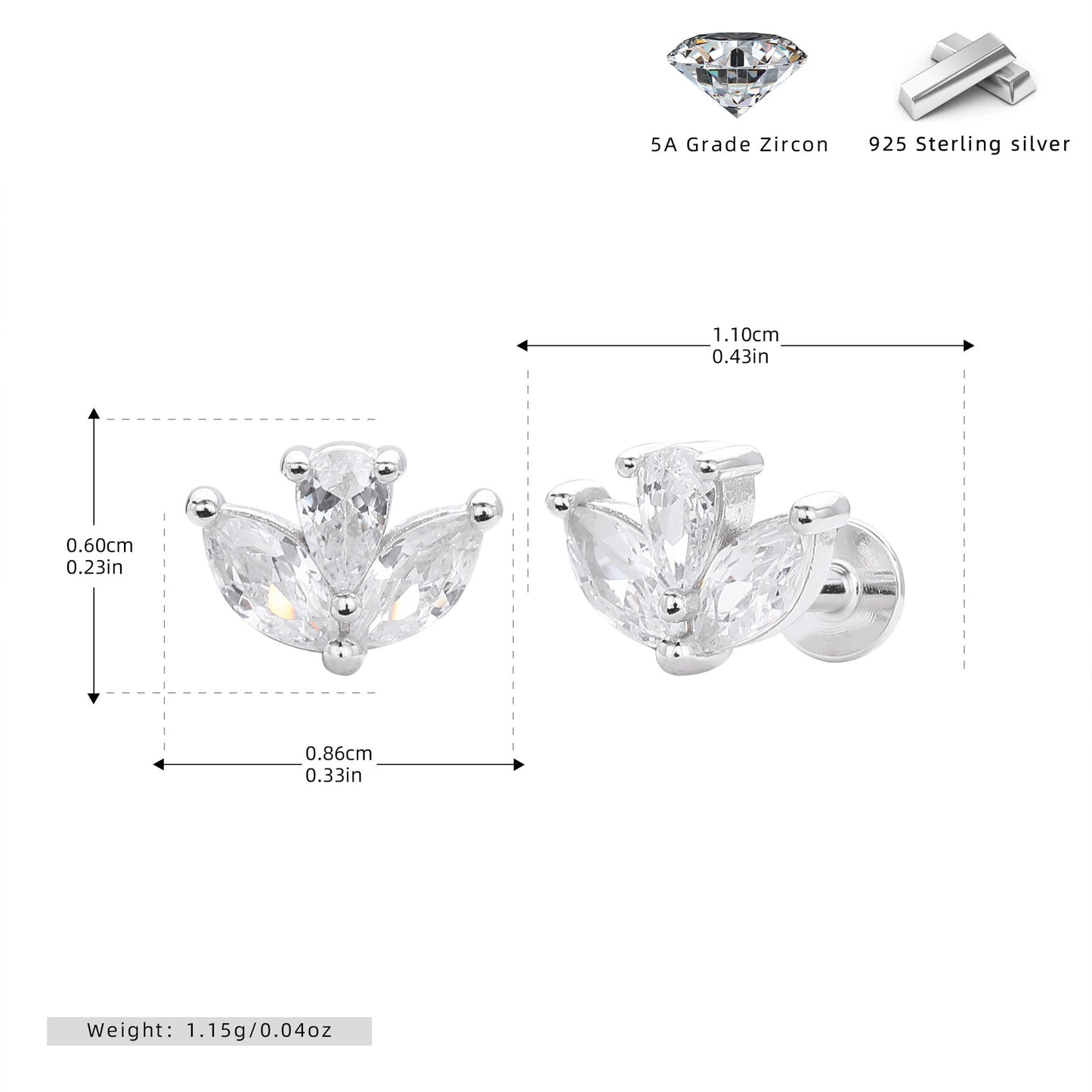 S925 Sterling Silver Inlaid Zirconium Piercing Ear Stud Nose Stud